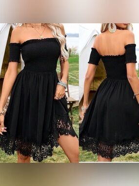 Black Smocked Off Shoulder Lace Trim Western Dress Size Large